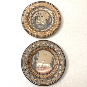 Signed Vintage Tonala Mexican Pottery Plates x2 Hand Painted Bird Folk Art